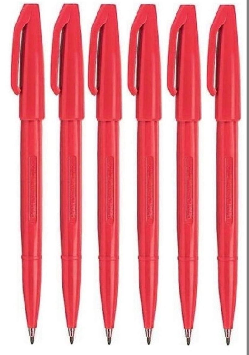 Pentel Red Original Sign Pen S520 Fibre Tip Marker Pens Colour Fineliner 2mm Nib 1mm Line Width (Pack of 6)